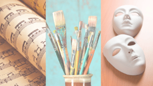 Paint brushes with theater masks and music sheets