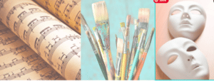 Paint brushes with theater masks and music sheets